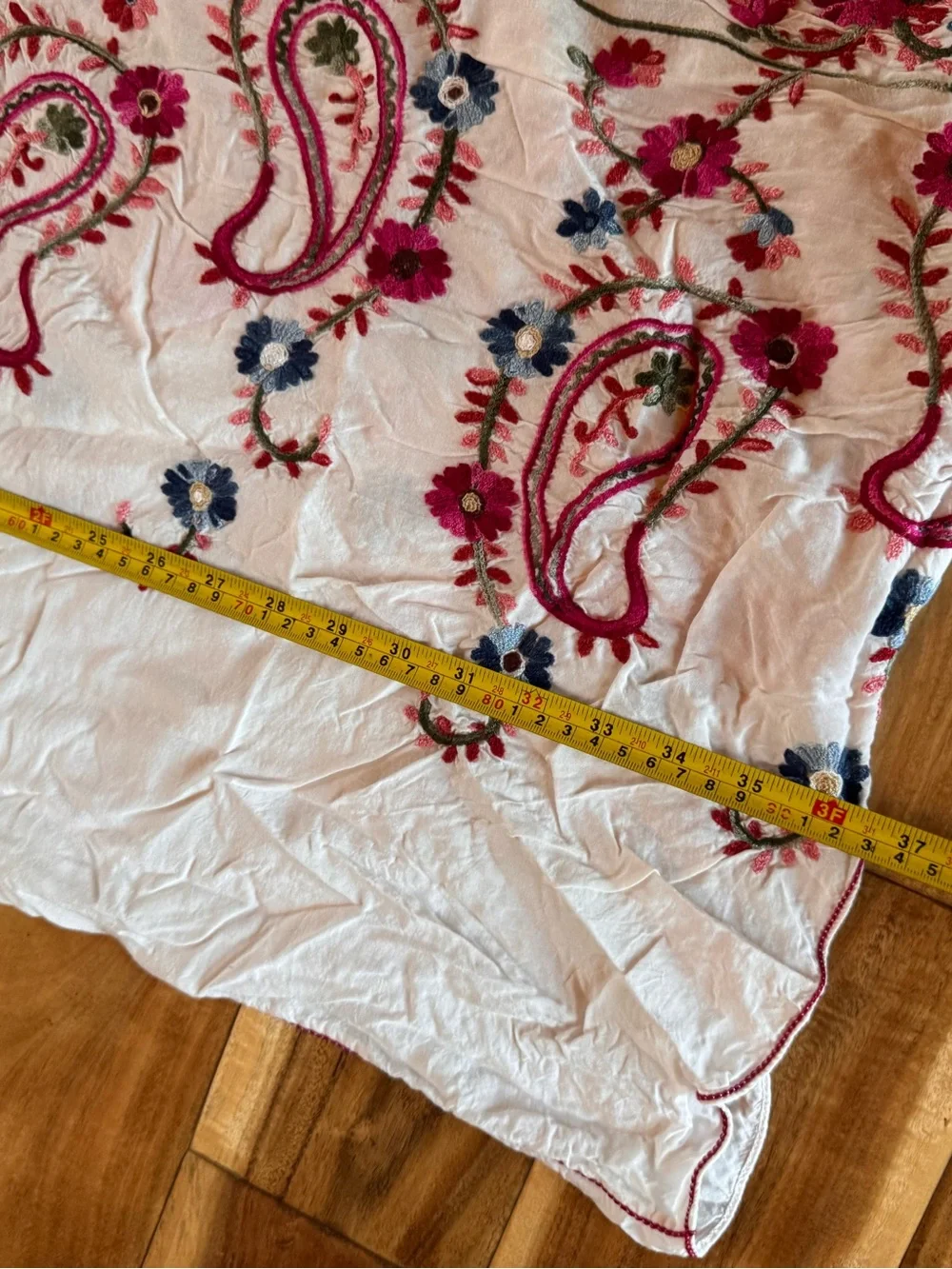 Chelsea & Violet White Shawl with Red and Blue Paisley Embroidery